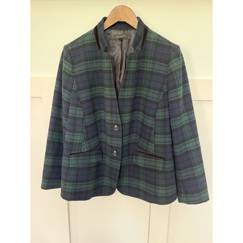 Talbots Black Watch Plaid Wool Blend Blazer 18W Green Navy School Boy Academia